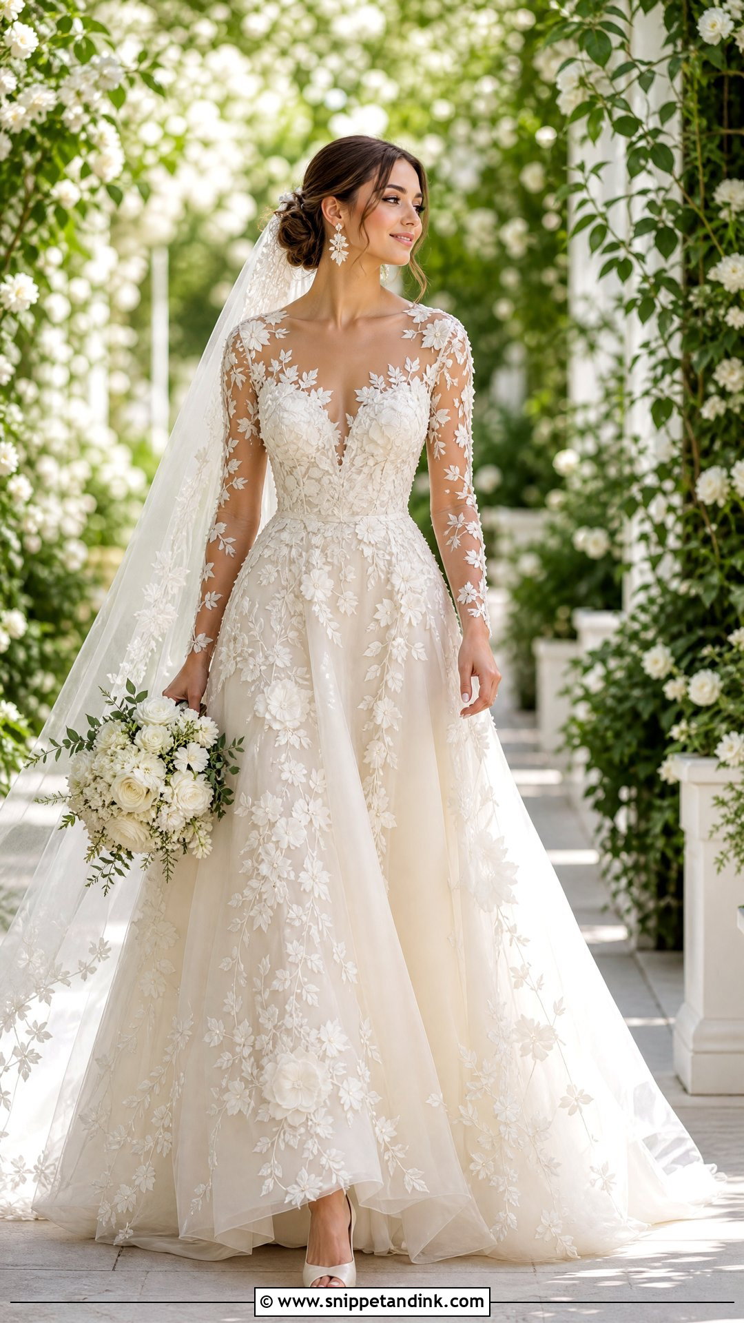 Floral Applique Wedding Dress With Sheer Sleeves - Snippet and Ink - 20 Wedding Dress with Sheer Sleeves