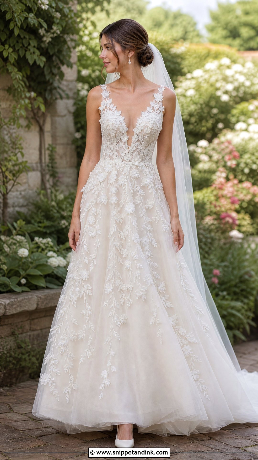 Floral Applique Wedding Dress With Sheer Veil - Snippet and Ink - 20 Online Wedding Dress Ideas