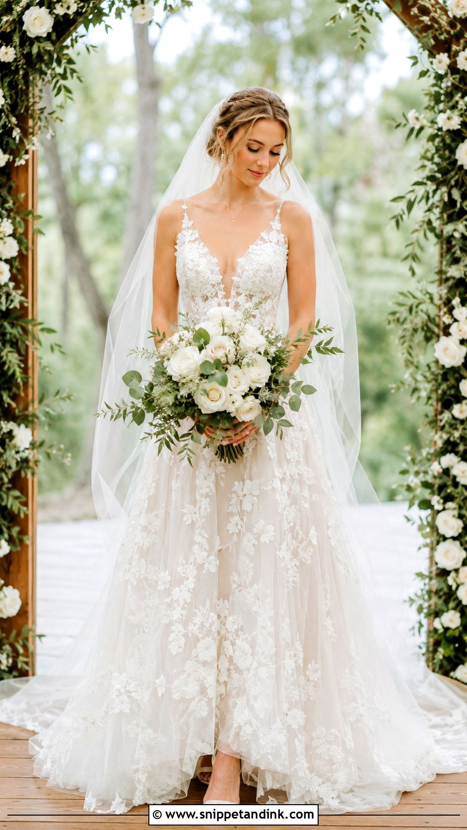 Floral Applique Wedding Dress With Soft Veil - Snippet and Ink - 25 Woodsy Wedding Dress Ideas