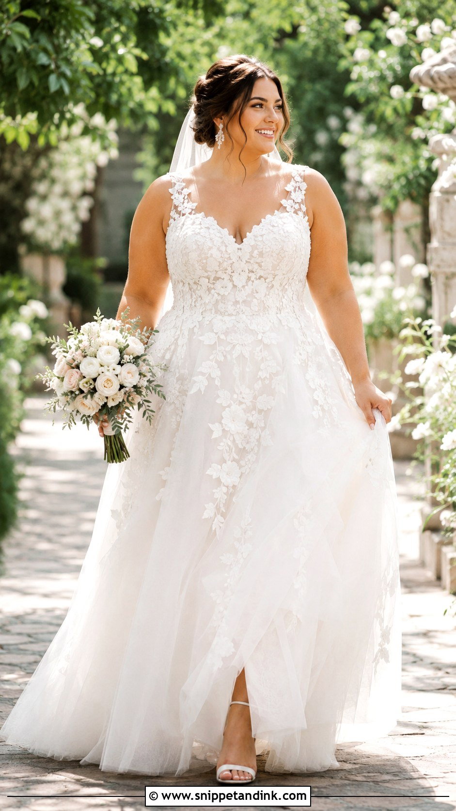 Floral Applique Wedding Dress With Tulle Skirt - Snippet and Ink - 20 Midsize Bride Wedding Dress Ideas