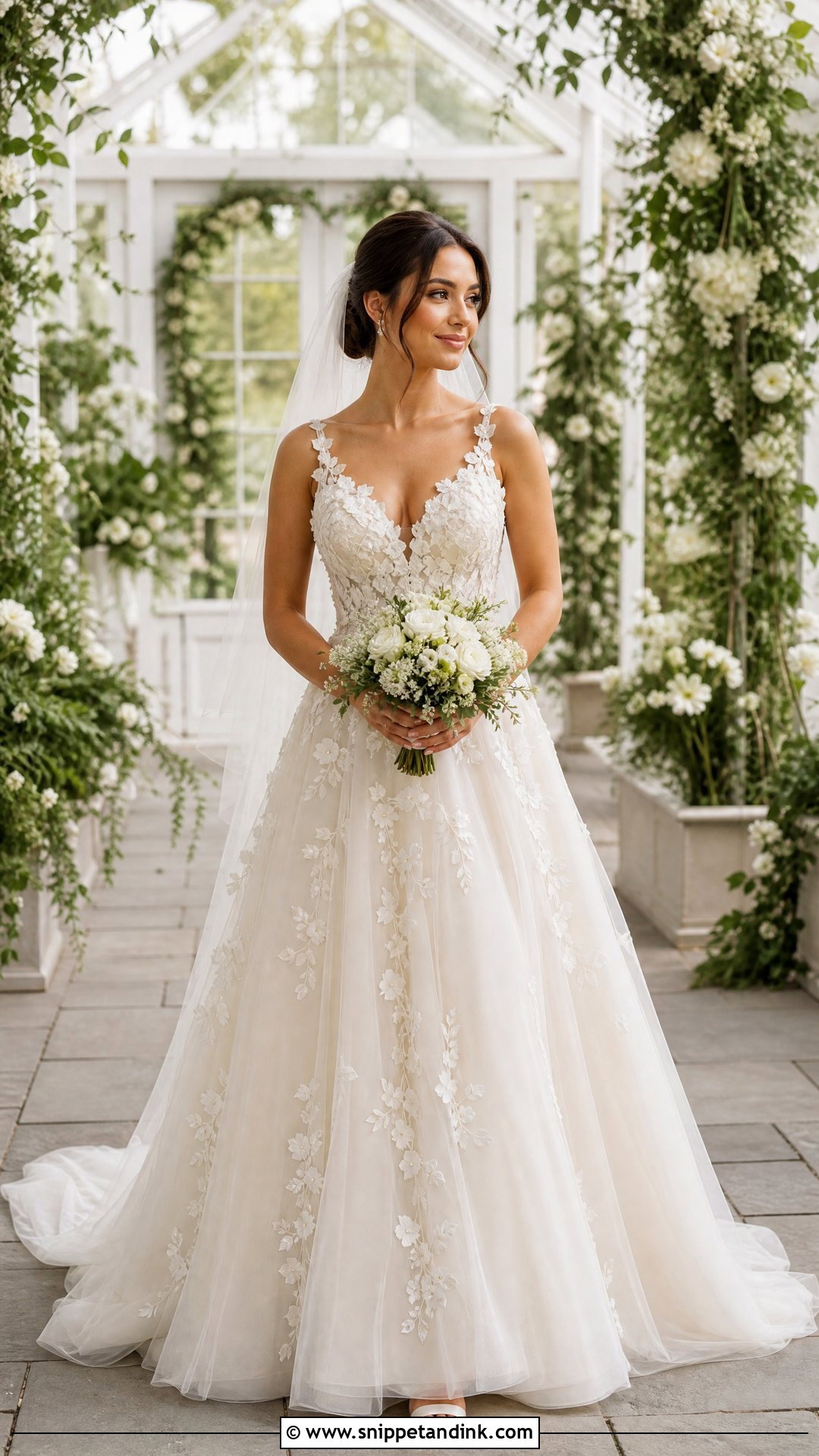 Floral Applique Wedding Dress With Tulle Veil - Snippet and Ink - 20 Top Wedding Dresses