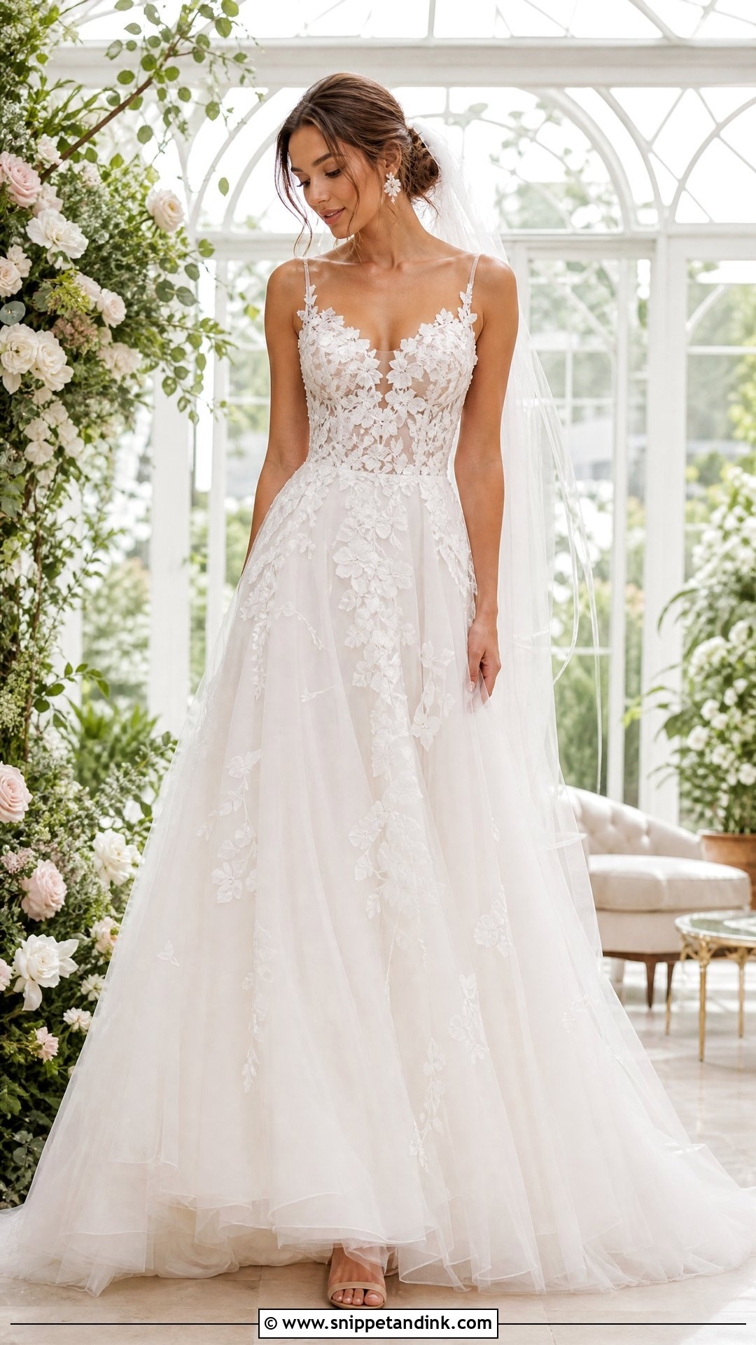 Floral Applique Wedding Dress With Tulle Veil - Snippet and Ink - 20 Trying on Wedding Dresses