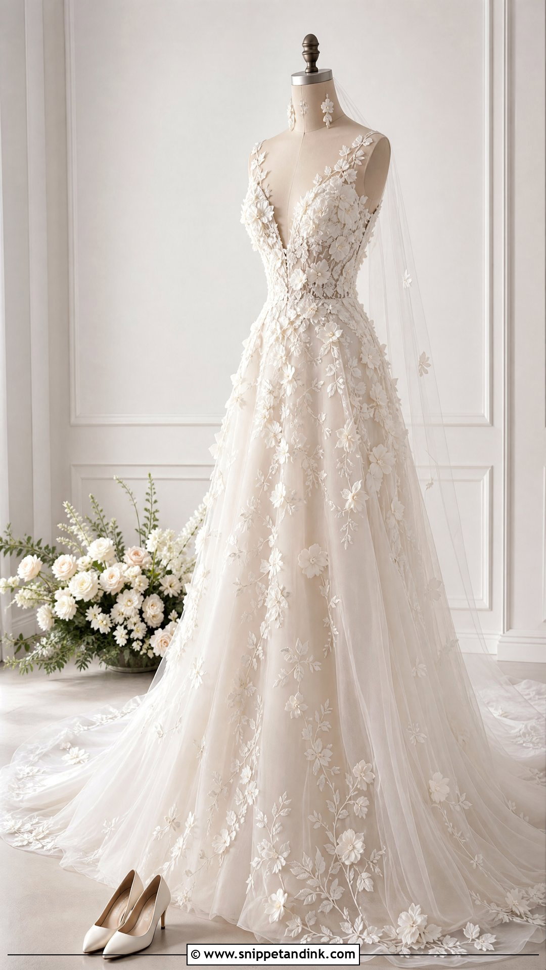 Floral Applique Wedding Dress on Mannequin - Snippet and Ink - 20 Wedding Dress on Mannequin Ideas