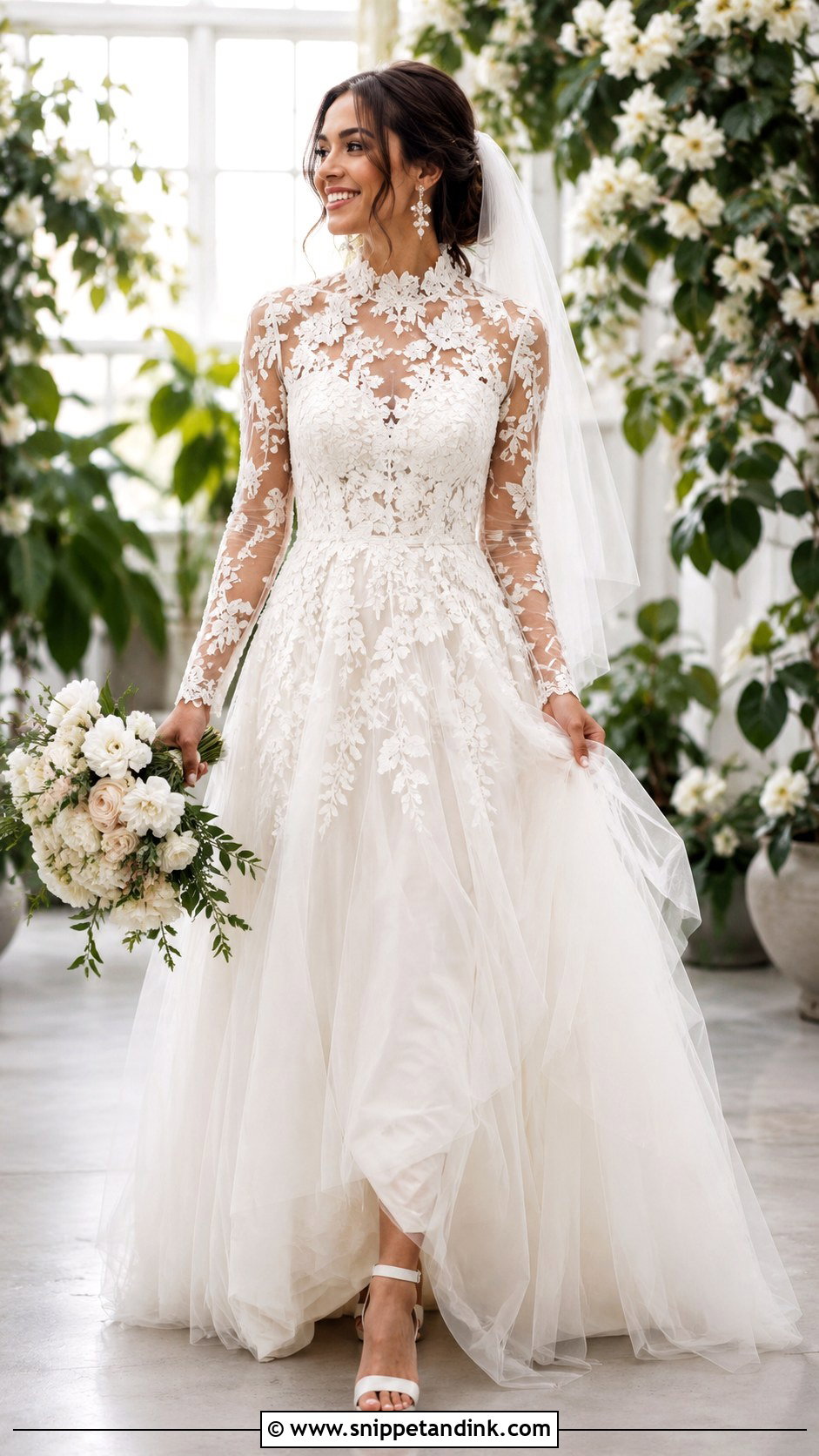 Floral Applique Wedding Gown With Long Sleeves - Snippet and Ink - 20 Modest Wedding Gowns with Sleeves