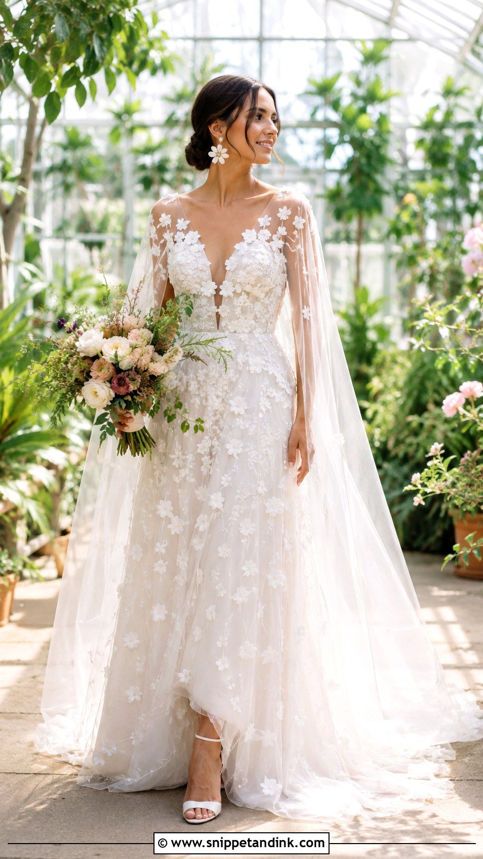 Floral Applique Wedding Gown With Sheer Cape - Snippet and Ink - 20 Wedding Gown with Cape Ideas