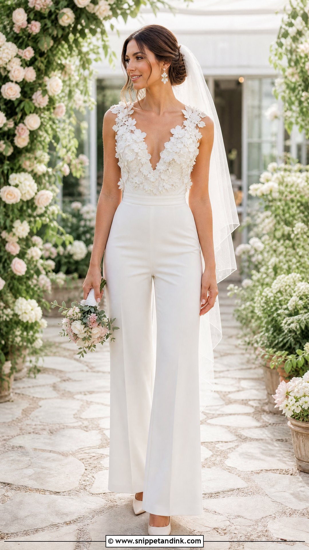 Floral Applique White Bridal Jumpsuit With Tulle Veil - Snippet and Ink - 20 White Bridal Jumpsuit Ideas