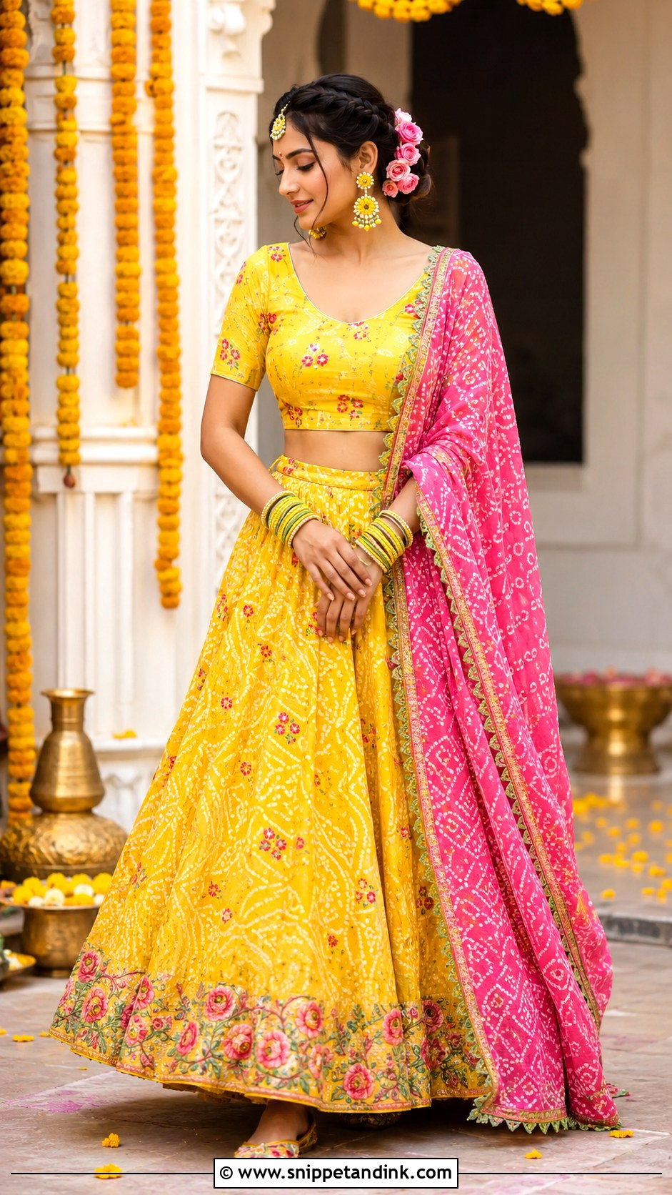 Floral Bandhani Lehenga Haldi Outfit - Snippet and Ink - 20 Floral Haldi Outfit Ideas