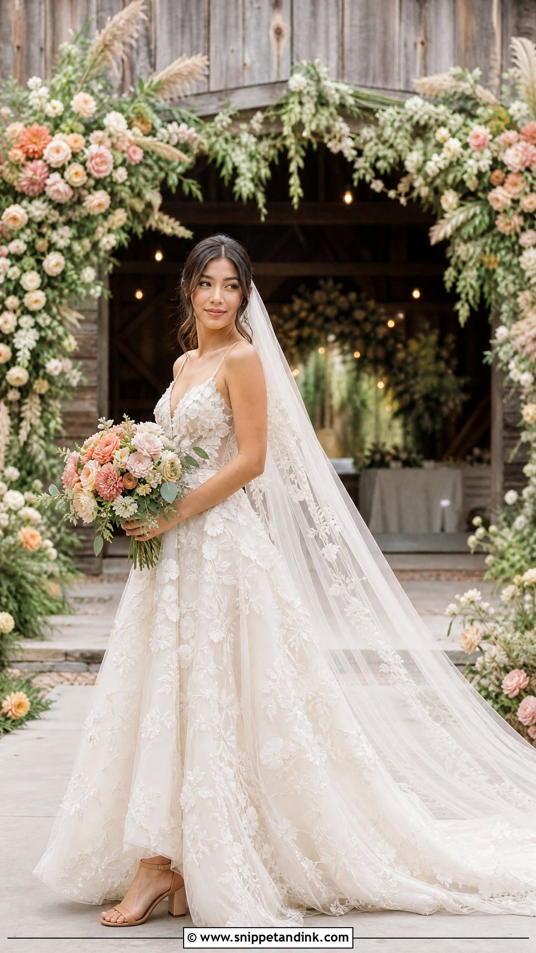 Floral Barn Wedding Dress With Embroidered Veil - Snippet and Ink - 25 Barn Wedding Dresses