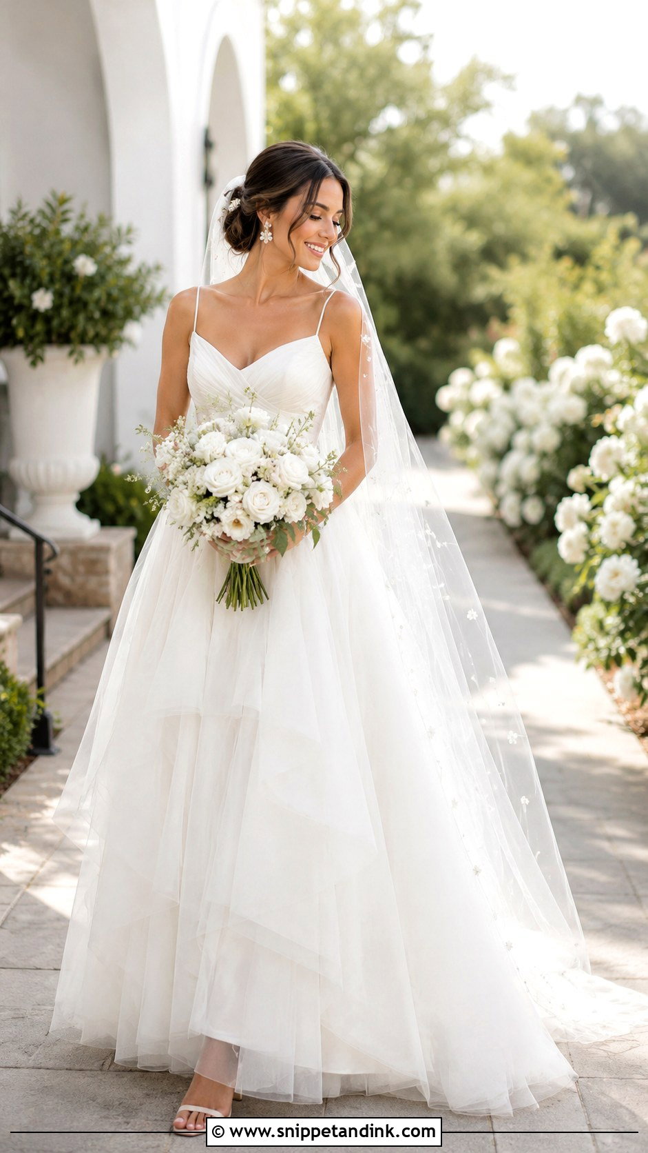 Floral Beaded Veil With Tulle Wedding Gown - Snippet and Ink - 20 Beaded Veils