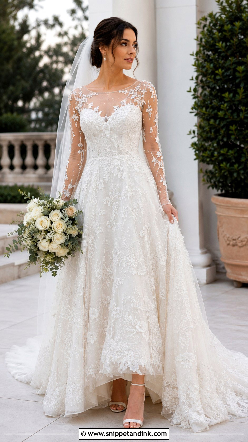 Floral Beaded Wedding Dress With 3D Applique - Snippet and Ink - 20 Long Sleeve Beaded Wedding Dress Ideas