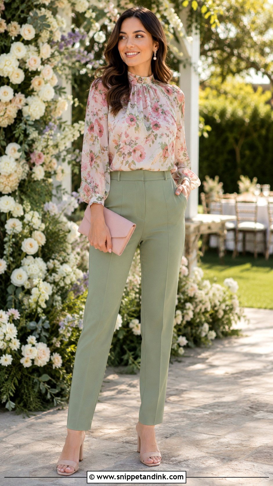 Floral Blouse And Dress Pants Wedding Outfit - Snippet and Ink - 25 Wedding Pants Outfit Ideas