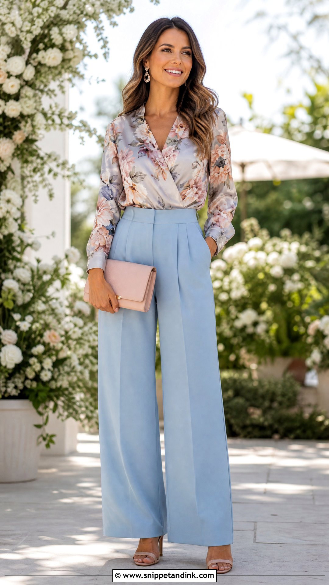 Floral Blouse And Wide Leg Pants Wedding Outfit - Snippet and Ink - 25 Dressy Pants Outfits for Wedding