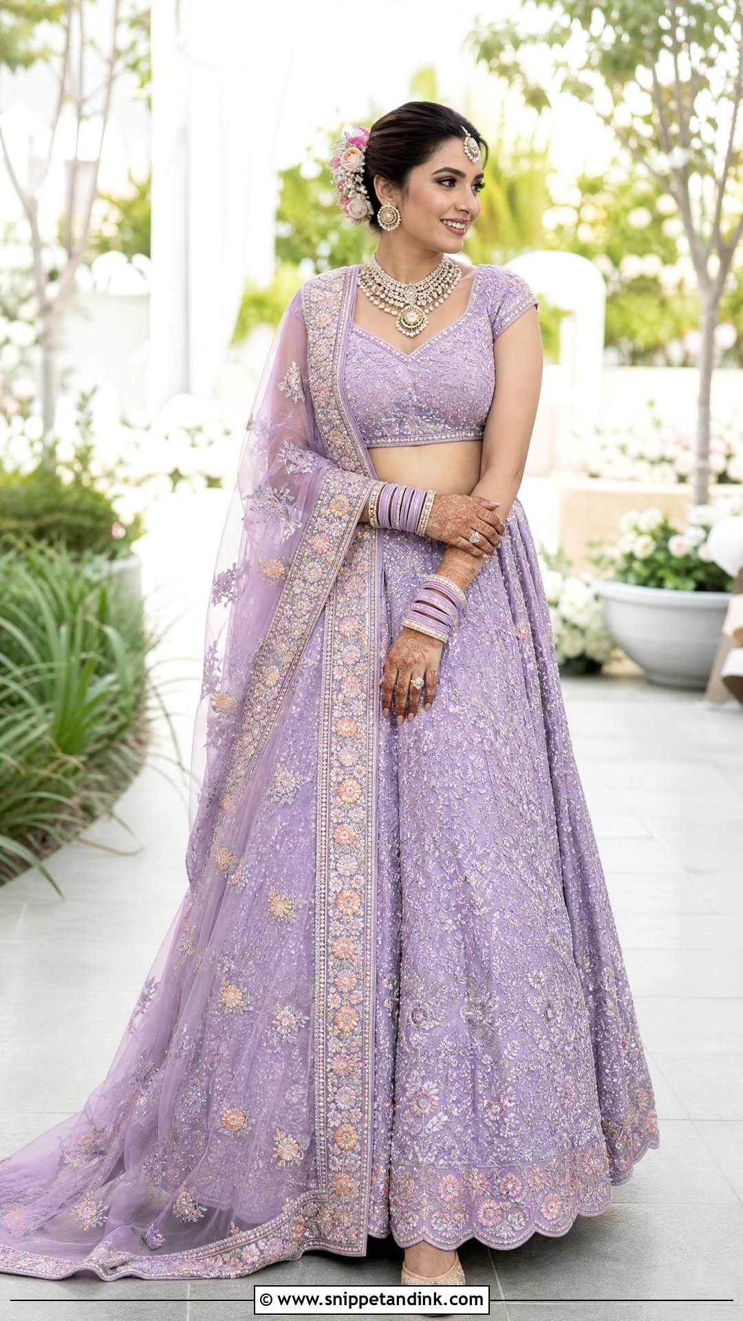 Floral Border Trail Dupatta With Pastel Lehenga - Snippet and Ink - 20 Trail Dupatta Bridal Ideas