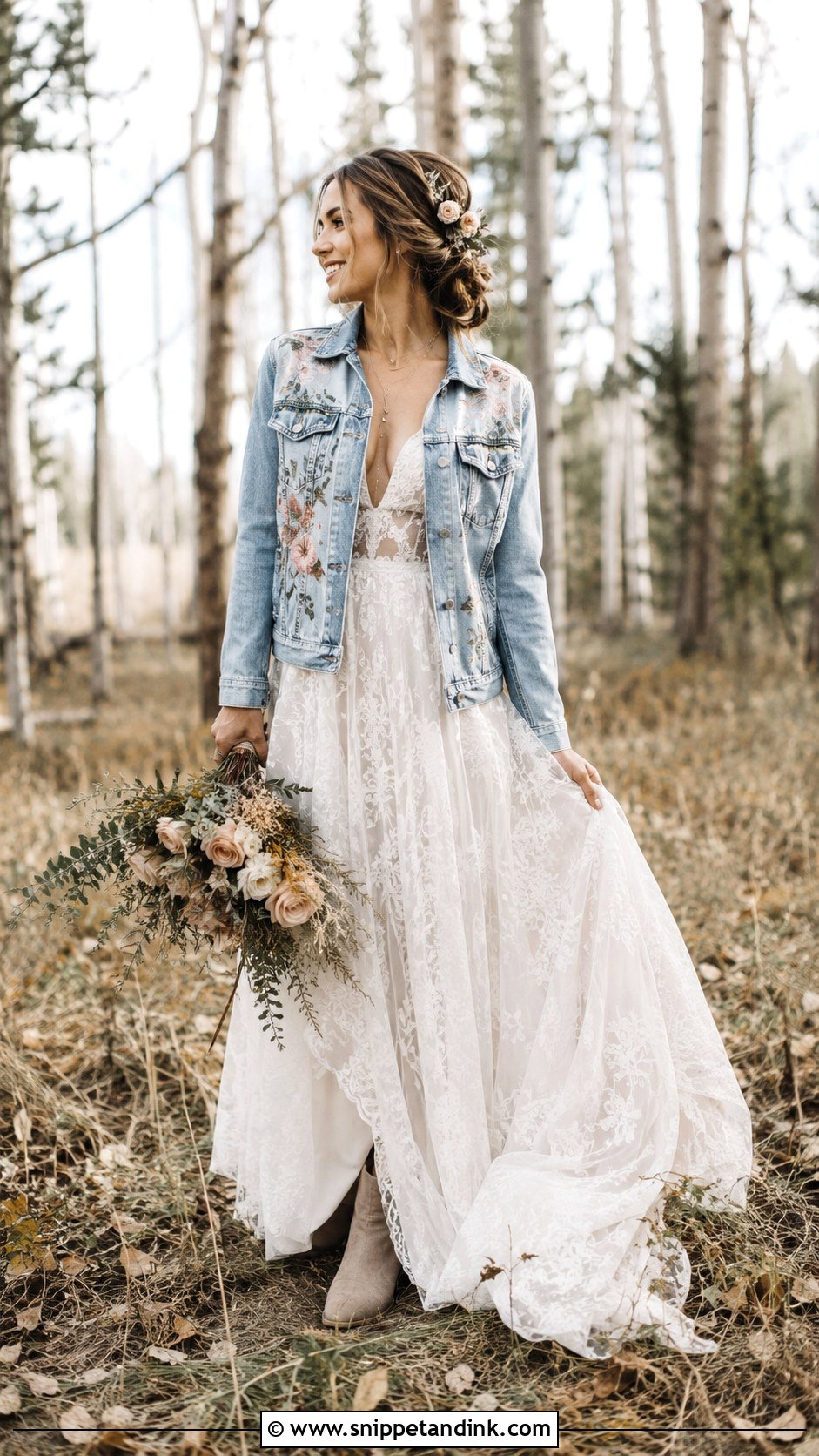 Floral Bridal Denim Jacket With Boho Gown - Snippet and Ink - 20 Bridal Denim Jacket Ideas