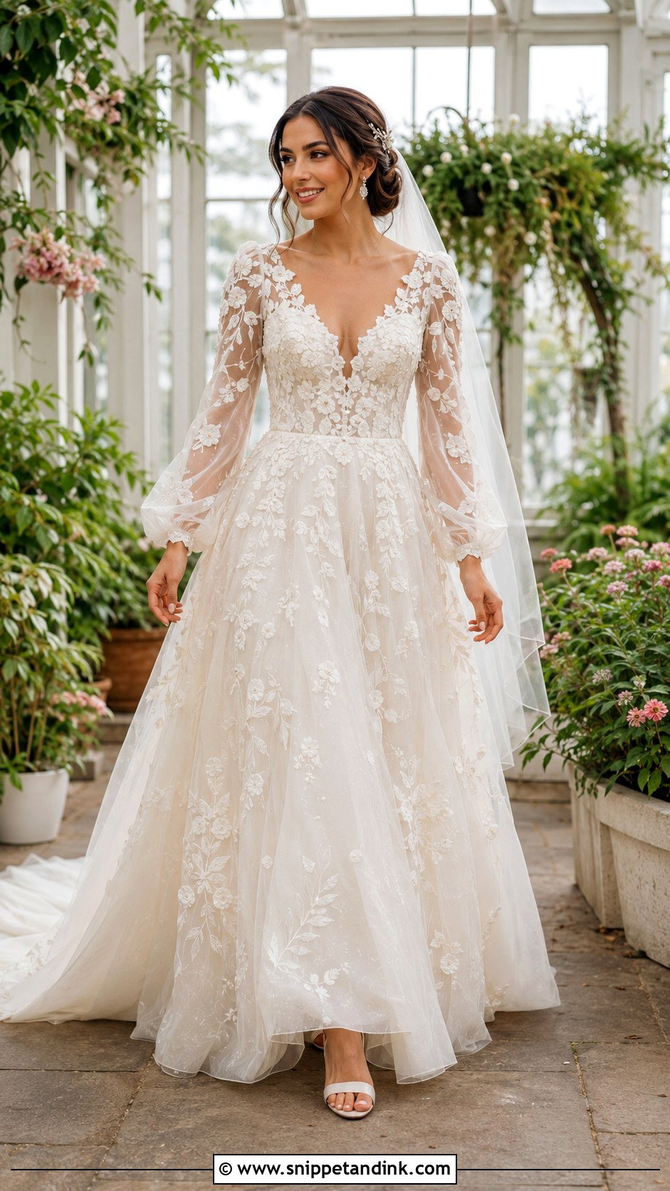 Floral Bridal Dress With Long Organza Sleeves - Snippet and Ink - 20 Bridal Dresses with Sleeves