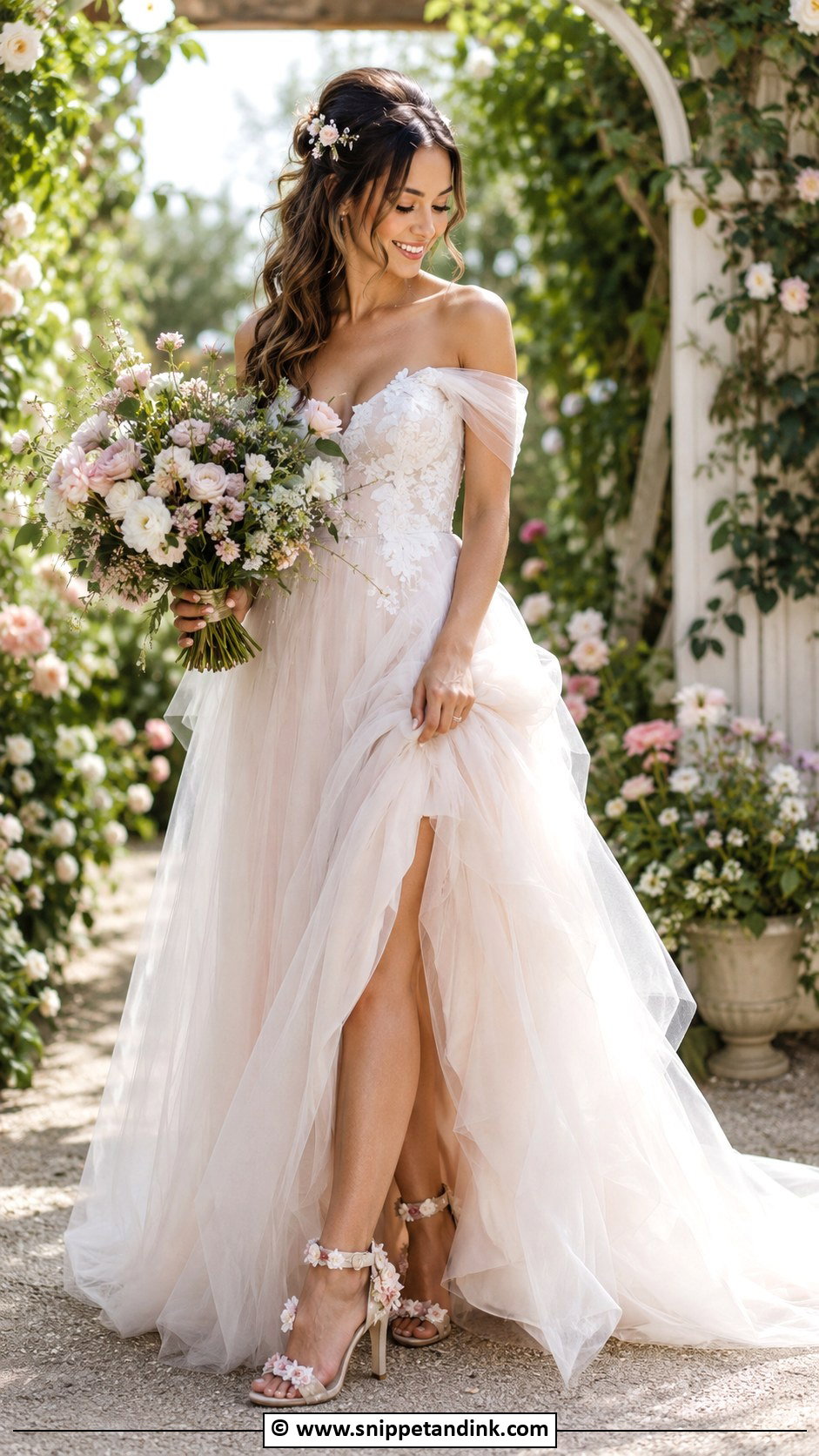 Floral Bridal Heels With A Romantic Wedding Dress - Snippet and Ink - 30 Bridal Footwear Ideas