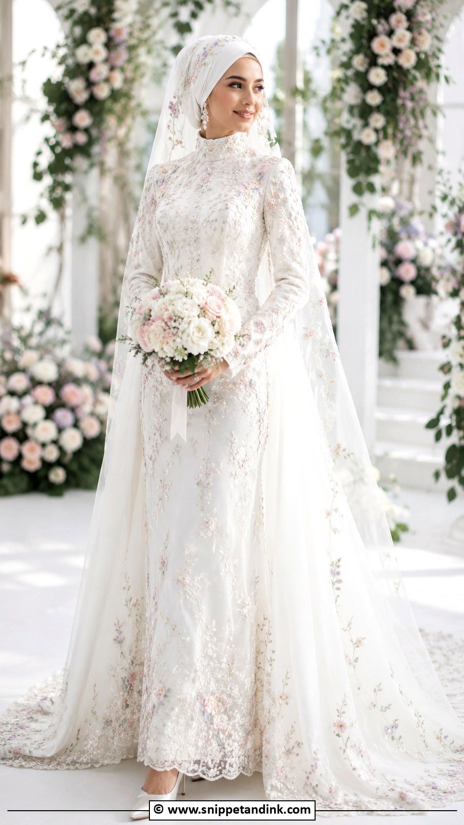 Floral Bridal Hijab With Embellished Gown - Snippet and Ink - 30 Bridal Hijab Styles