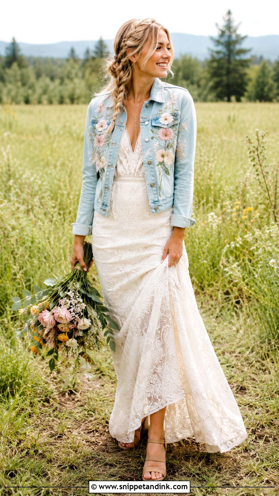 Floral Bridal Jean Jacket With Boho Wedding Dress - Snippet and Ink - 20 Bridal Jean Jacket Ideas