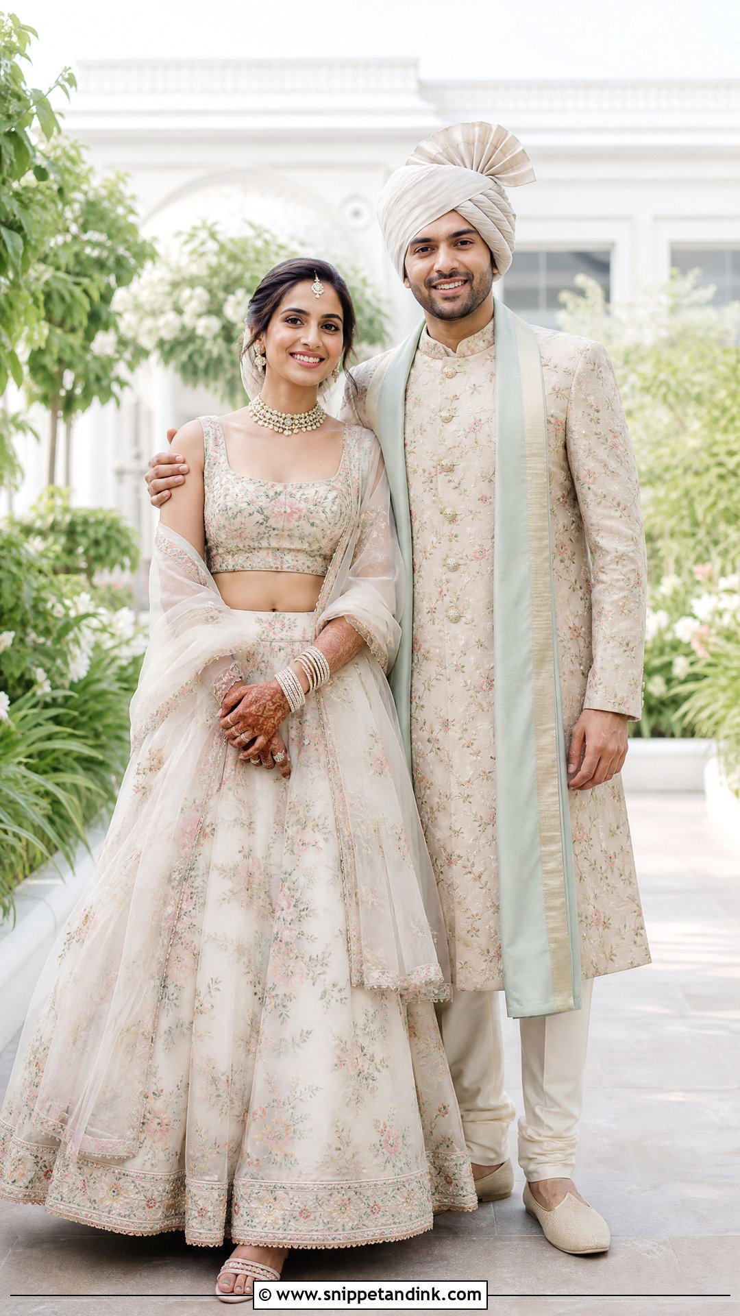 Floral Bridal Lehenga And Embroidered Sherwani Couple Outfit - Snippet and Ink - 20 Indian Bridal Couple Dress Ideas