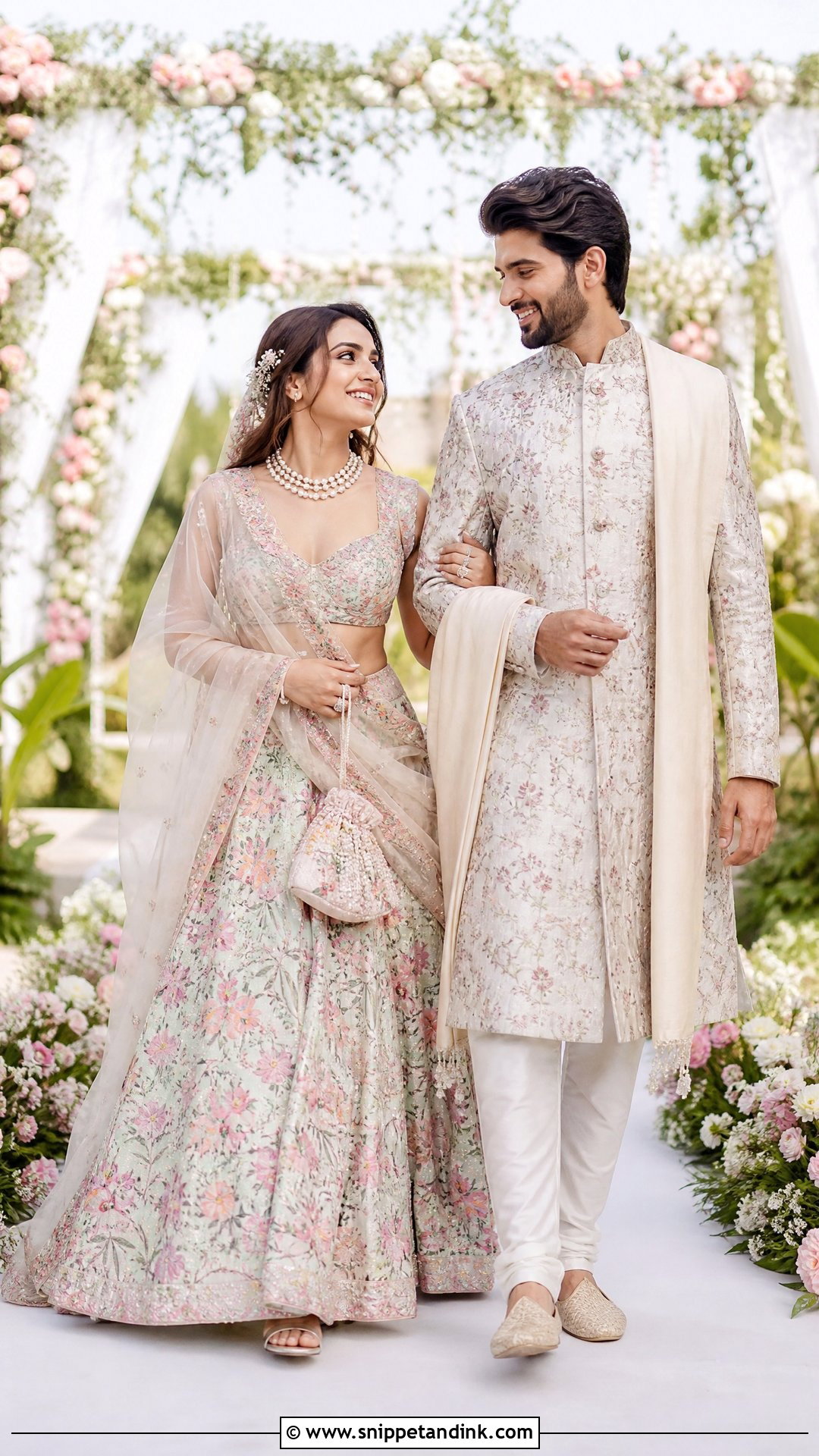 Floral Bridal Lehenga And Printed Groom Sherwani - Snippet and Ink - 25 Indian Wedding Couple Dress Ideas