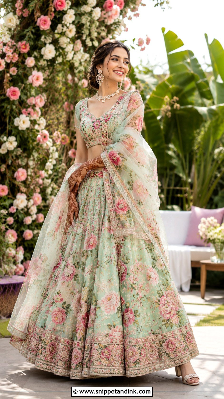 Floral Bridal Mehendi Lehenga - Snippet and Ink - 20 Bridal Mehendi Outfit Ideas