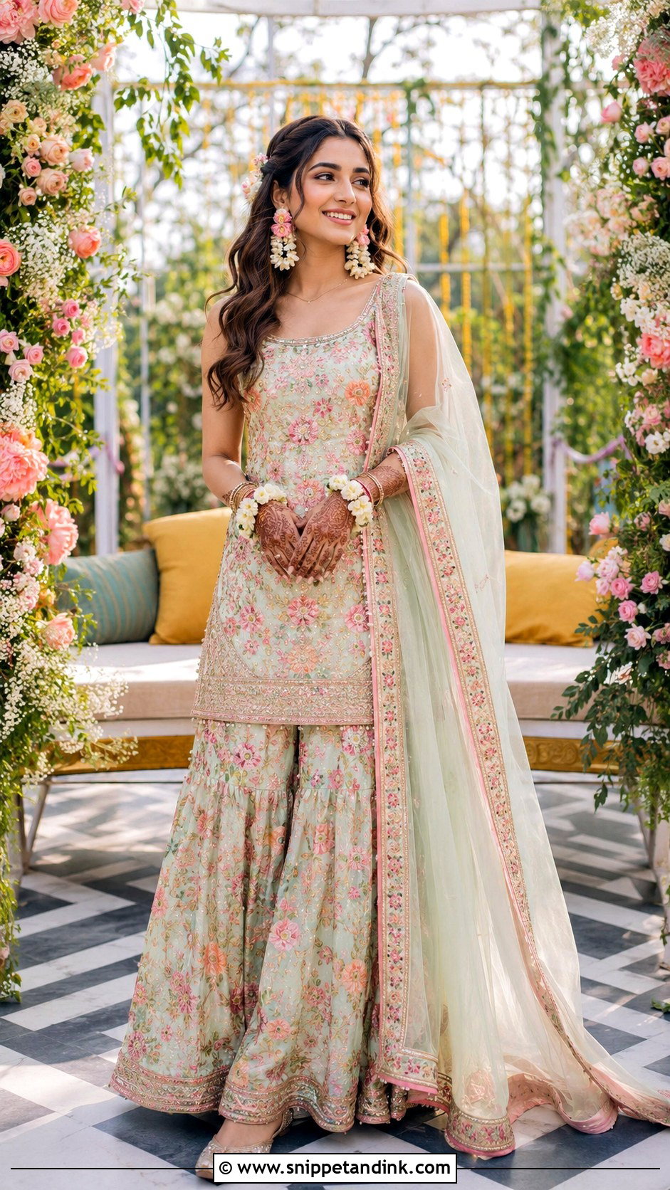 Floral Bridal Mehndi Sharara - Snippet and Ink - 30 Bridal Mehndi Dresses Ideas