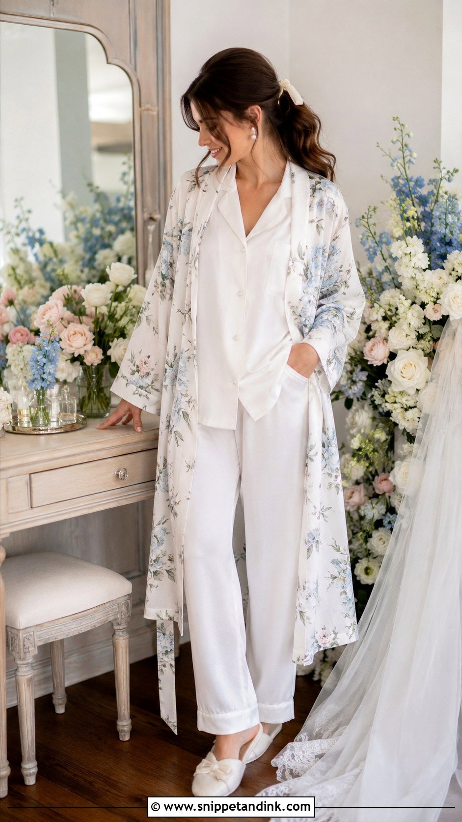 Floral Bridal Robe And White Pajamas - Snippet and Ink - 20 Bridal Loungewear Ideas
