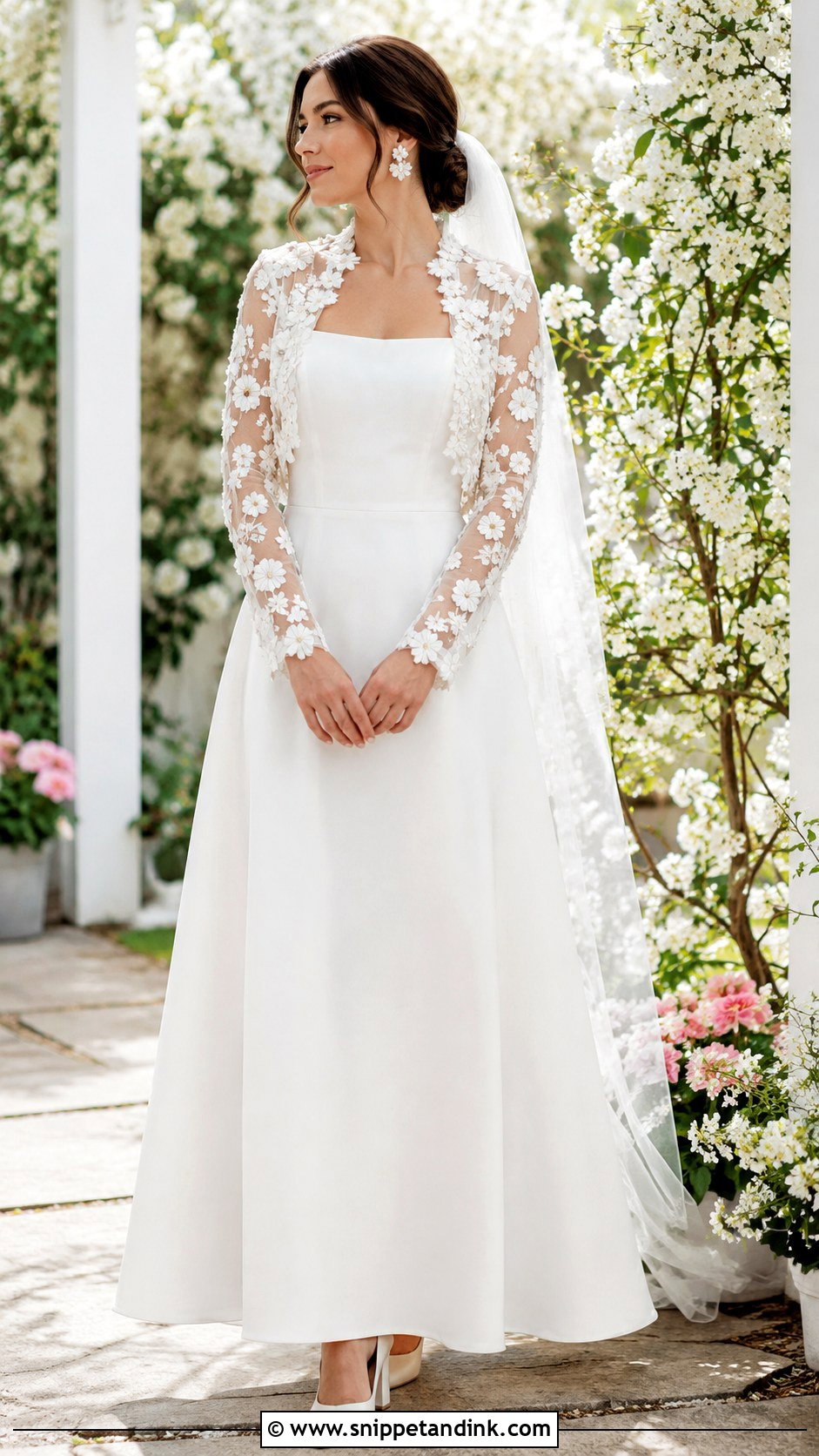 Floral Bridal Shrug With Plain A Line Dress - Snippet and Ink - 20 Bridal Shrug Ideas