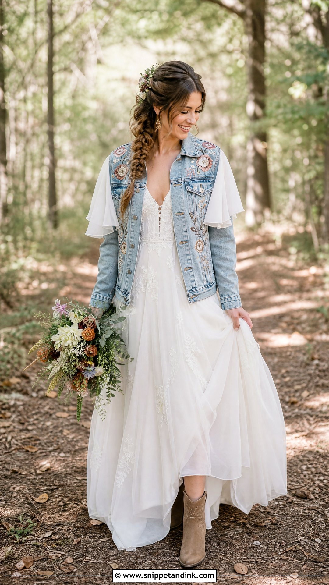 Floral Bride Denim Jacket With Boho Wedding Dress - Snippet and Ink - 20 Bride Denim Jacket Ideas