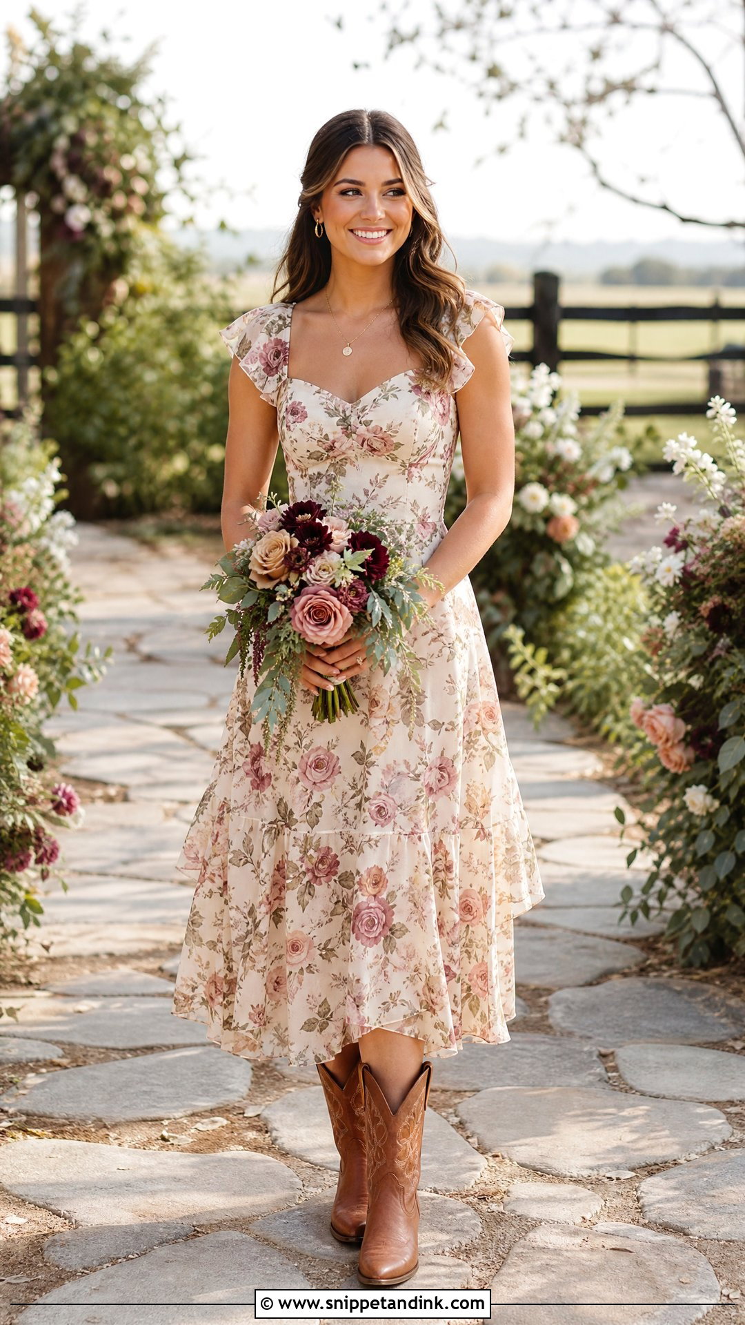 Floral Bridesmaid Dress With Brown Cowgirl Boots - Snippet and Ink - 25 Wedding Cowgirl Boots Ideas