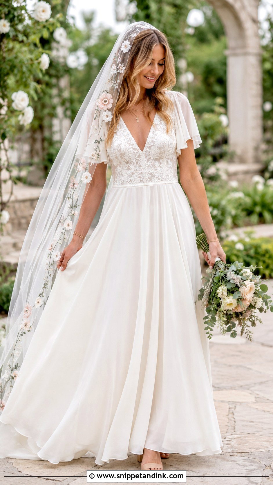 Floral Cap Veil With Boho Wedding Dress - Snippet and Ink - 25 Cap Veil Ideas