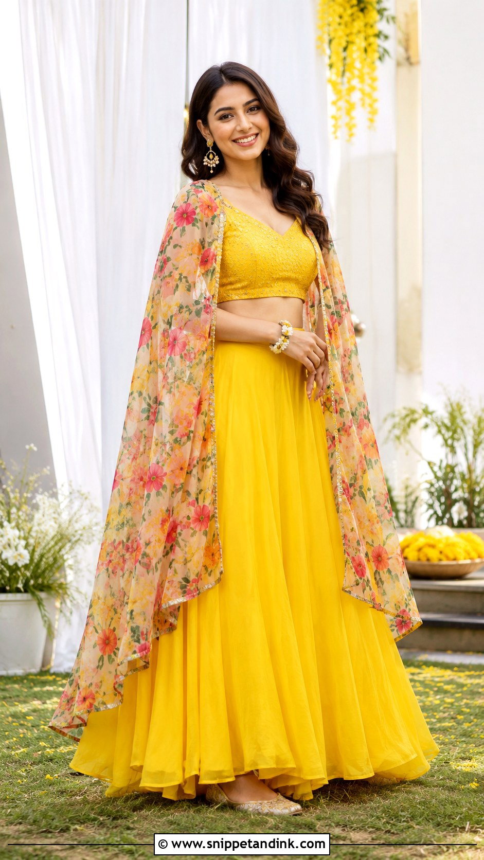 Floral Cape Lehenga Haldi Outfit - Snippet and Ink - 20 Haldi Inspo Outfit Ideas