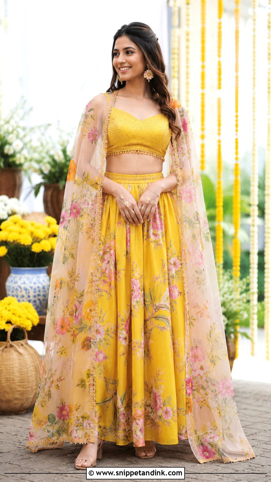 Floral Cape Skirt Bride Haldi Outfit - Snippet and Ink - 20 Bride Haldi Outfit Ideas