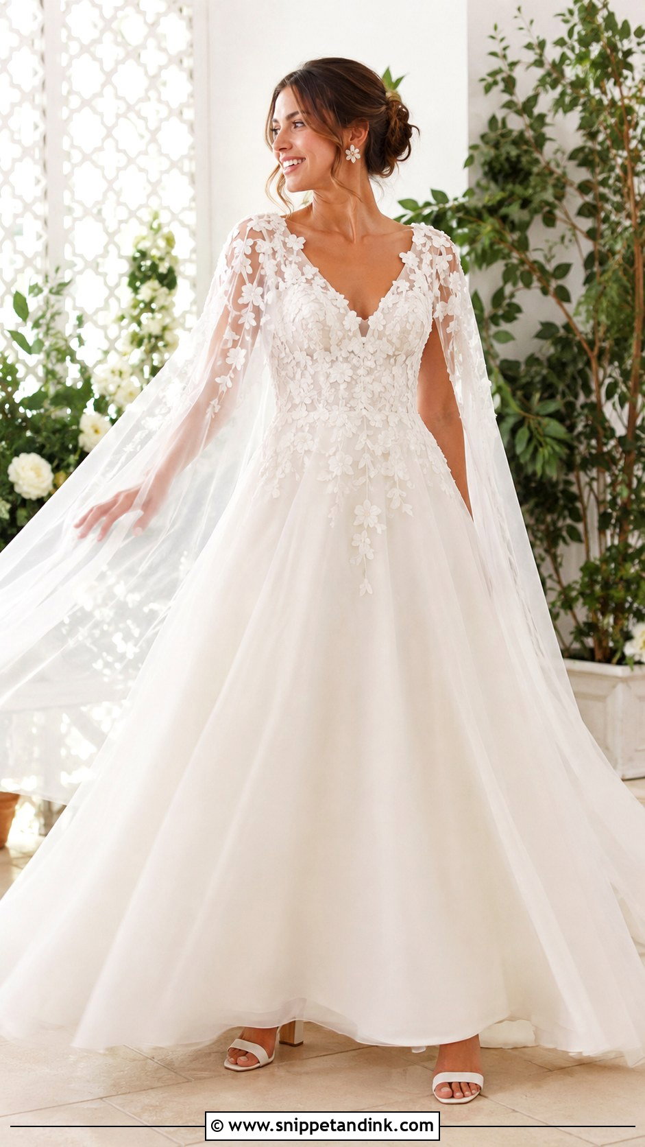 Floral Cape Sleeve Wedding Dress - Snippet and Ink - 20 Cape Sleeve Wedding Dress Ideas