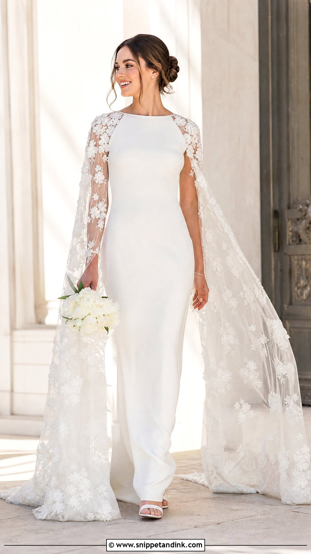 Floral Cape Wedding Dress With Minimal Jewelry - Snippet and Ink - 25 Floral Wedding Dress Ideas