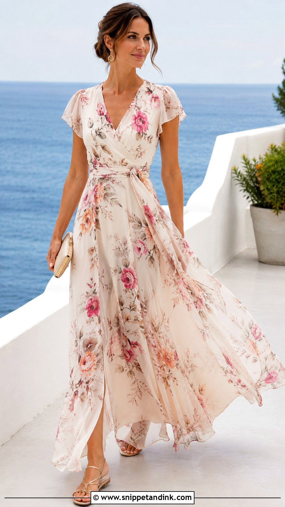Floral Chiffon Beach Gown With Metallic Flats - Snippet and Ink - 20 Beach Gowns Floral
