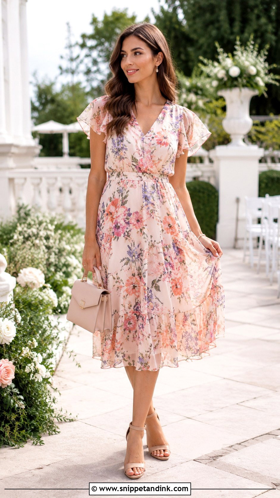Floral Chiffon Cocktail Dress With Block Heels - Snippet and Ink - 20 Cocktail Dresses Wedding