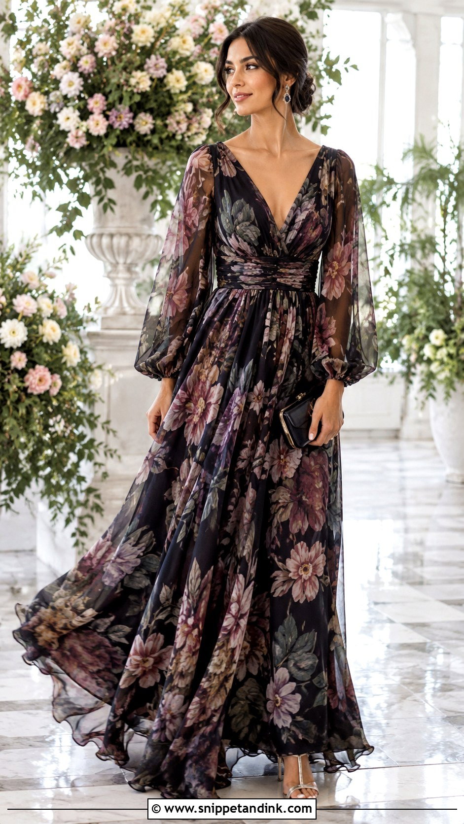 Floral Chiffon Gown Black Tie Wedding Outfit - Snippet and Ink - 20 Black Tie Wedding Outfit Ideas