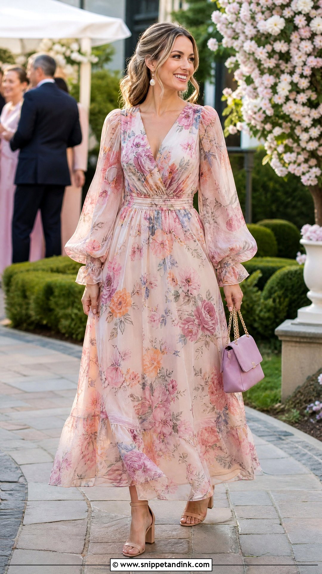 Floral Chiffon Long Gown with Sleeves - Snippet and Ink - 20 Long Gown with Sleeves