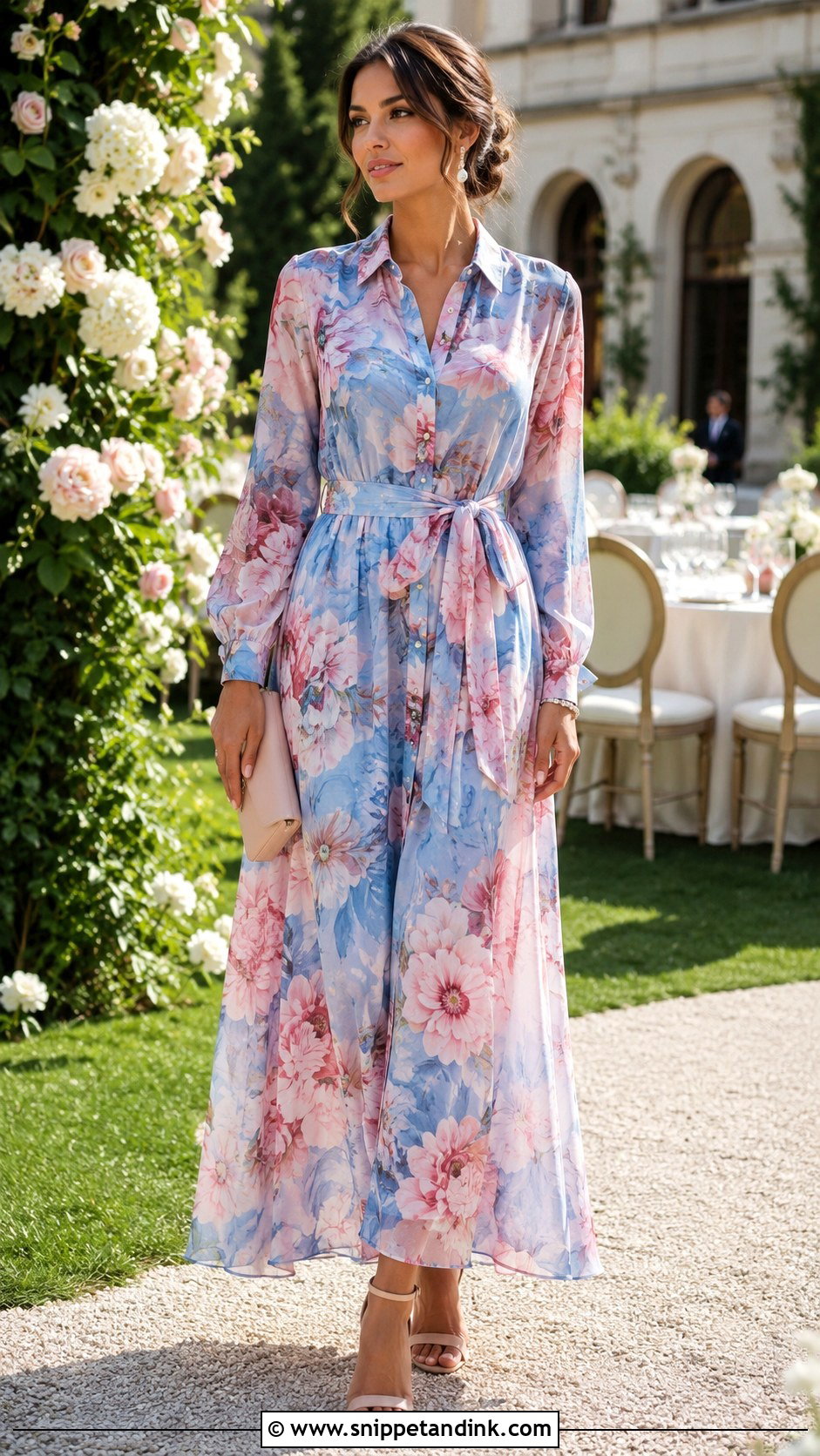 Floral Chiffon Long Shirt Dress With Block Heels - Snippet and Ink - 20 Long Shirt Dress for Wedding Ideas