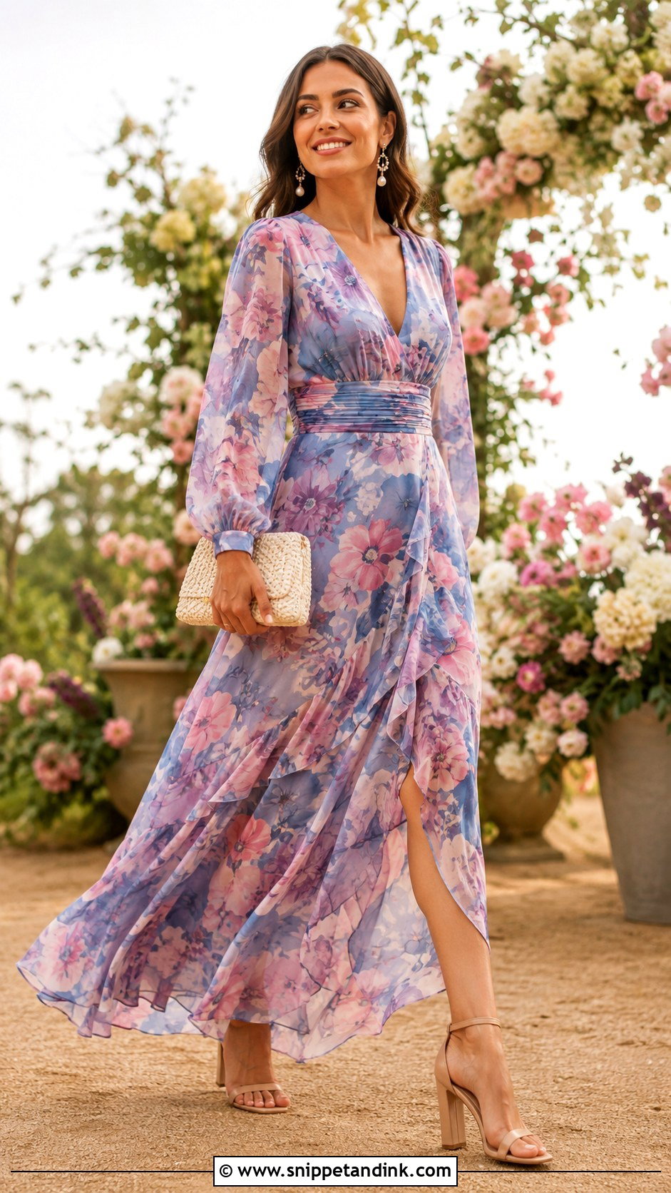Floral Chiffon Long Wedding Guest Dress With Nude Heels - Snippet and Ink - 20 Long Dresses for Wedding