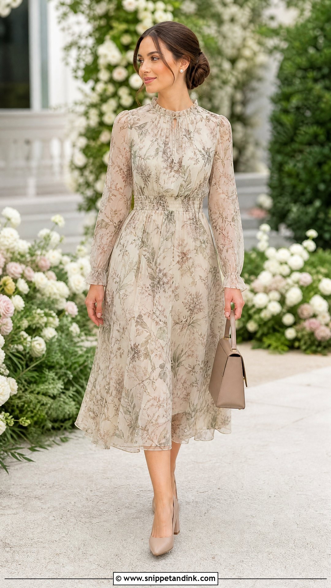 Floral Chiffon Midi Dress Wedding Outfit - Snippet and Ink - 20 Old Money Wedding Outfit Ideas