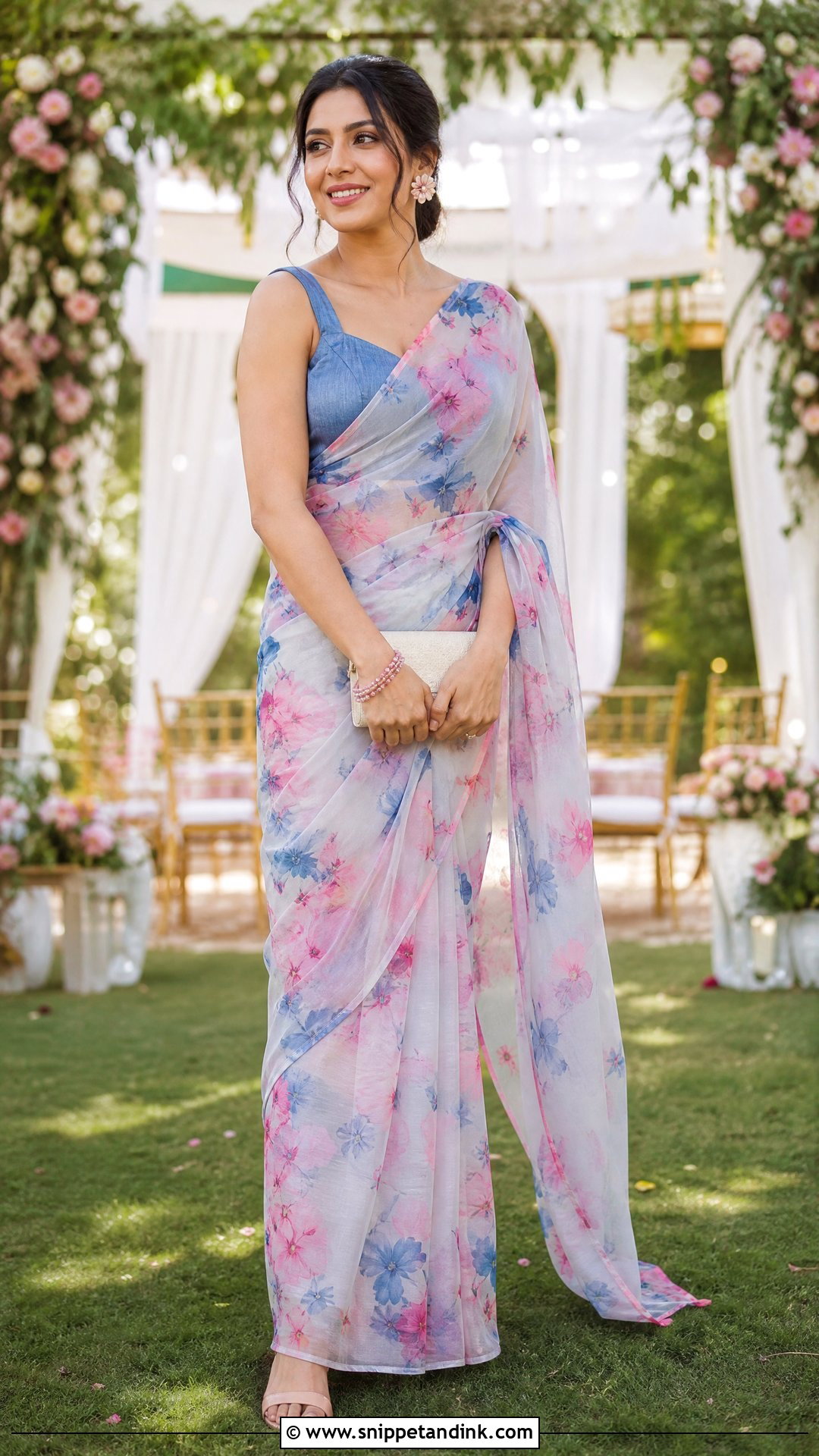 Floral Chiffon Saree For A Summer Indian Wedding - Snippet and Ink - 20 Summer Indian Wedding Outfit Ideas