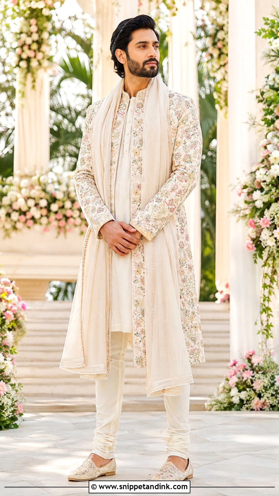 Floral Chikankari Sherwani Outfit - Snippet and Ink - 25 Ranbir Kapoor Wedding Outfit Ideas