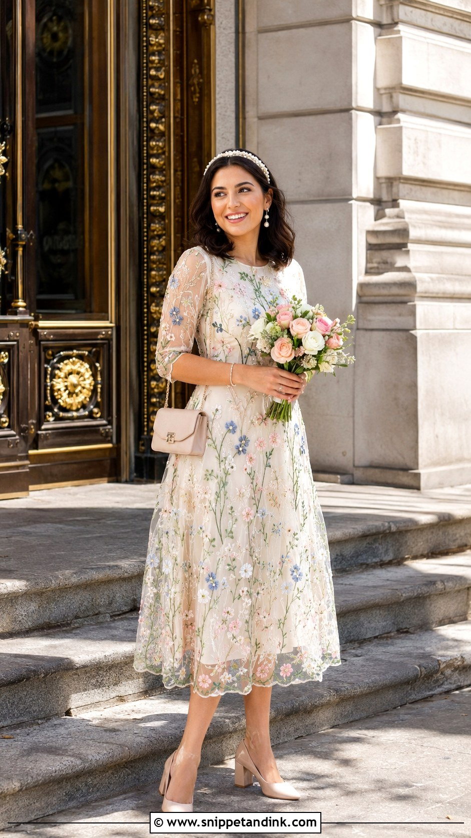 Floral City Wedding Dress With Block Heels - Snippet and Ink - 20 City Wedding Dress Ideas