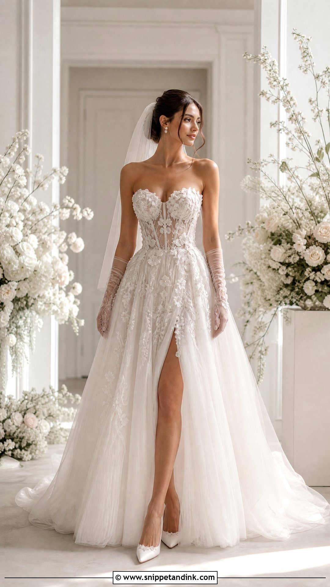 Floral Corset Wedding Dress With Sheer Gloves - Snippet and Ink - 25 Floral Wedding Dress Ideas