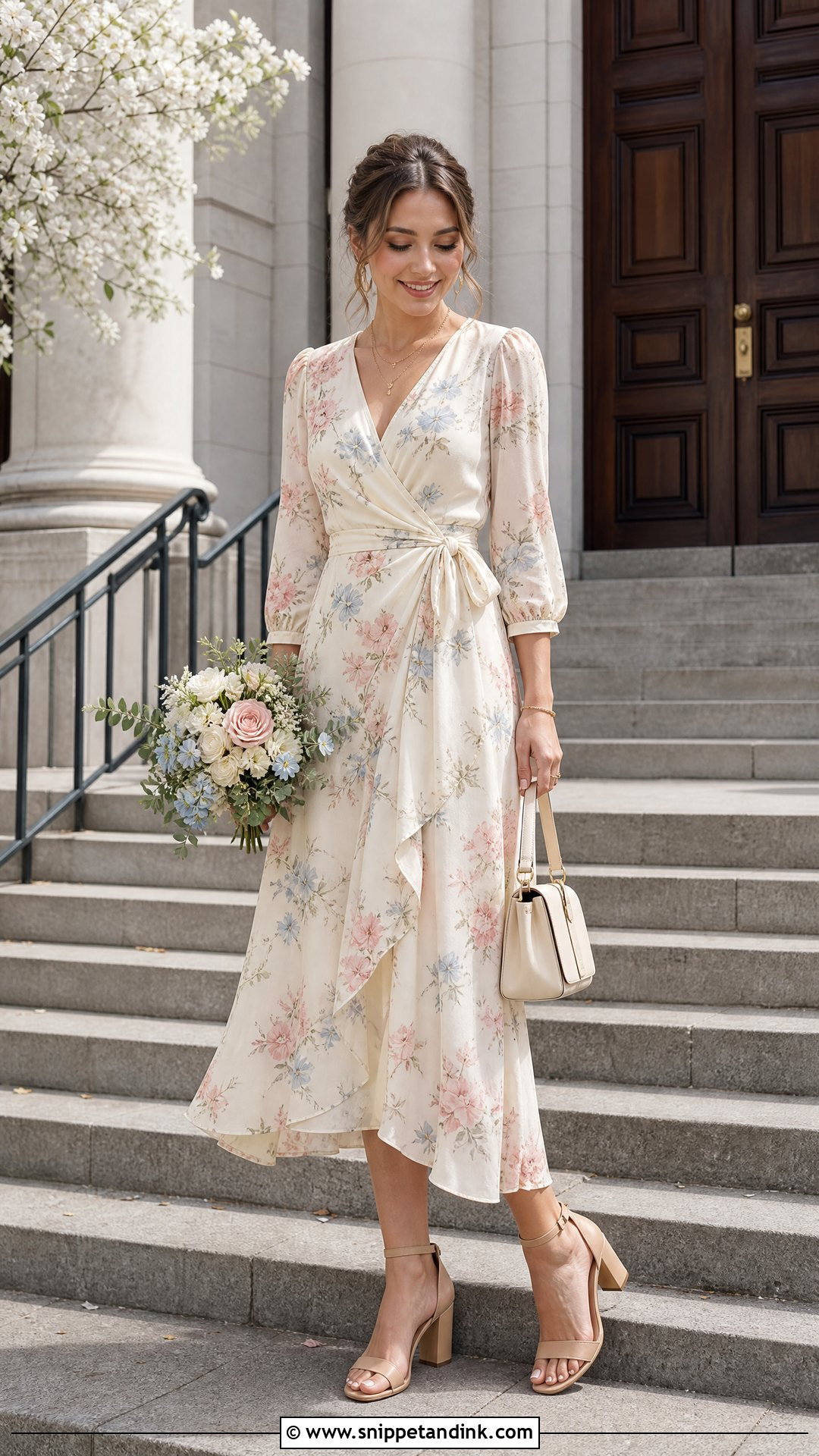 Floral Courthouse Wedding Dress With Neutral Accessories - Snippet and Ink - 20 Casual Courthouse Wedding Dress Ideas
