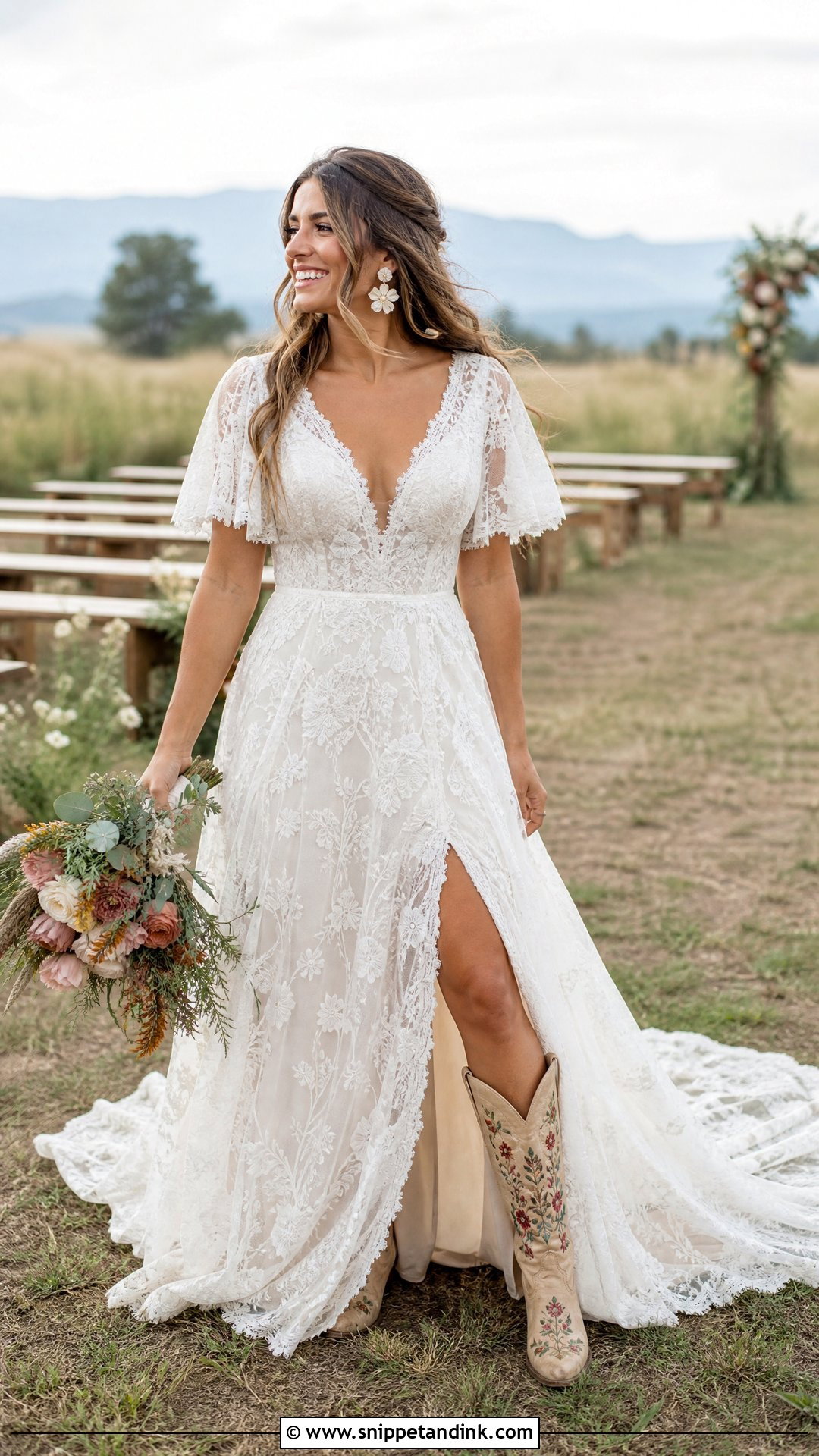 Floral Cowgirl Boots With Boho Lace Wedding Dress - Snippet and Ink - 20 Wedding Cowgirl Boots for Bride Ideas
