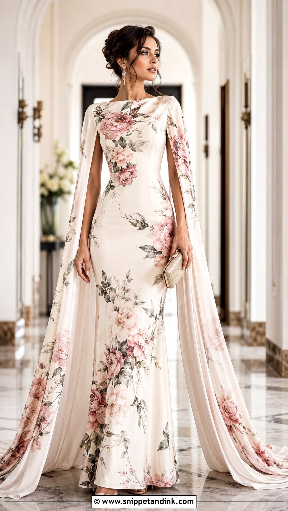Floral Crepe Cape Gown - Snippet and Ink - 25 Flowered Crepe Gown Styles