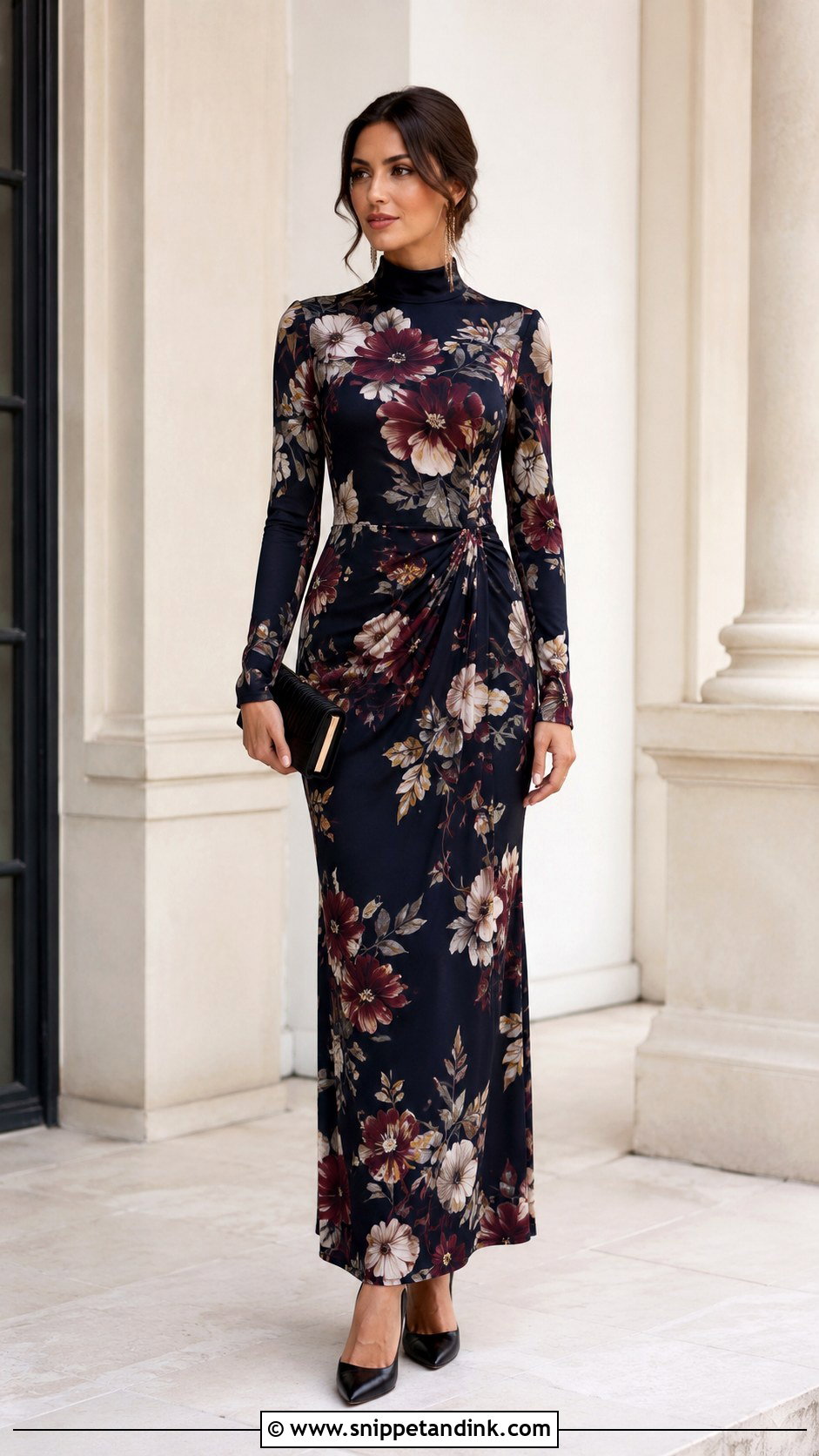 Floral Crepe High Neck Gown - Snippet and Ink - 25 Flowered Crepe Gown Styles
